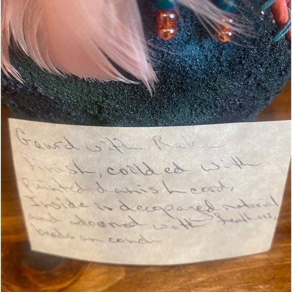 Basket Gourd with Raku finish - Artist made by Martha Cline Turquoise Feathers - Picture 13 of 13